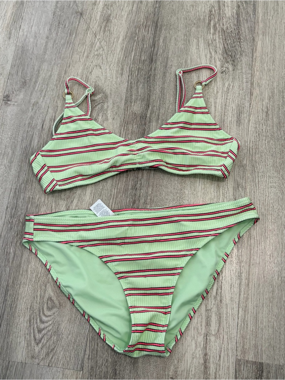 Aerie Beach Babe Shine Rib striped bikini set Green Pink Women’s Medium